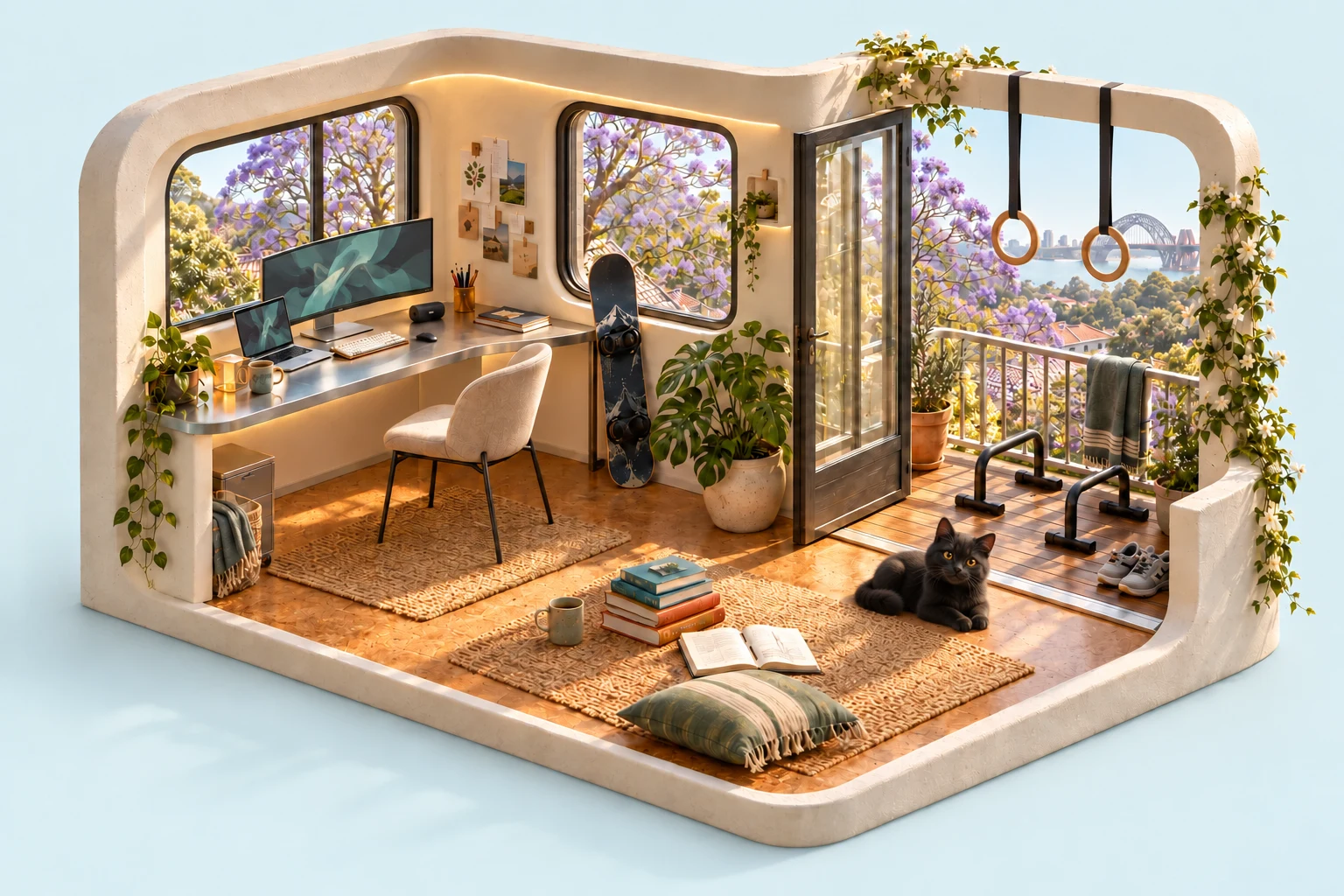 My Sydney room: a widescreen monitor, books, a snowboard, a relaxed black cat, and calisthenics equipment beside a view of the Harbour Bridge